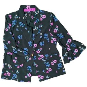 Lane Bryant Floral Bell Sleeve Gold Button Faux Pocket Bell Sleeve Blazer